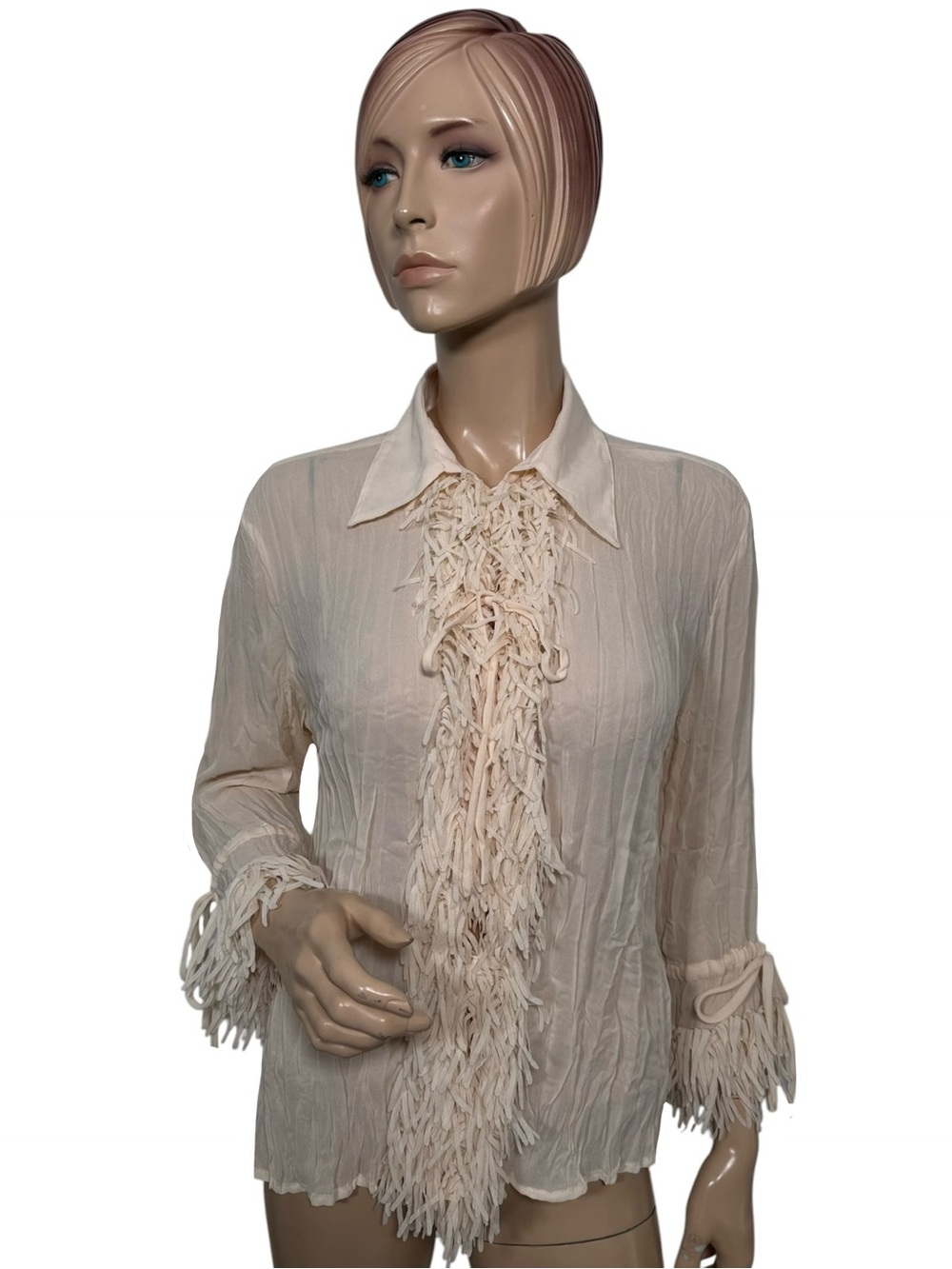 Jaipur Fringe Ruffle Sheer Button Front Blouse Cream Size Large